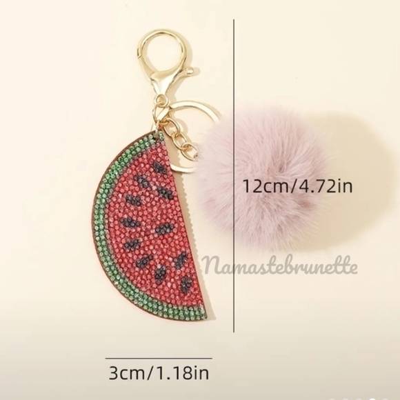 Rhinestone Watermelon Pom Pom Keychain Bag Charm - Picture 6 of 17